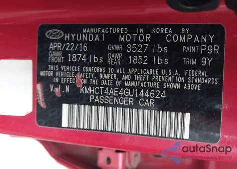 2016 Hyundai Accent Se from USA, damaged, VIN KMHCT4AE4GU144624